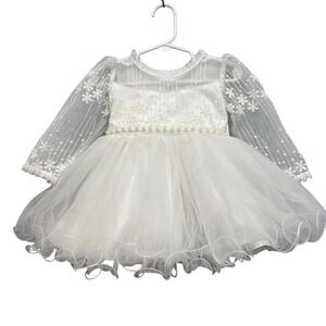 Girls Size 6 Long Sheer Sleeve Embroidered Pearls Flower Girl Wedding Dress